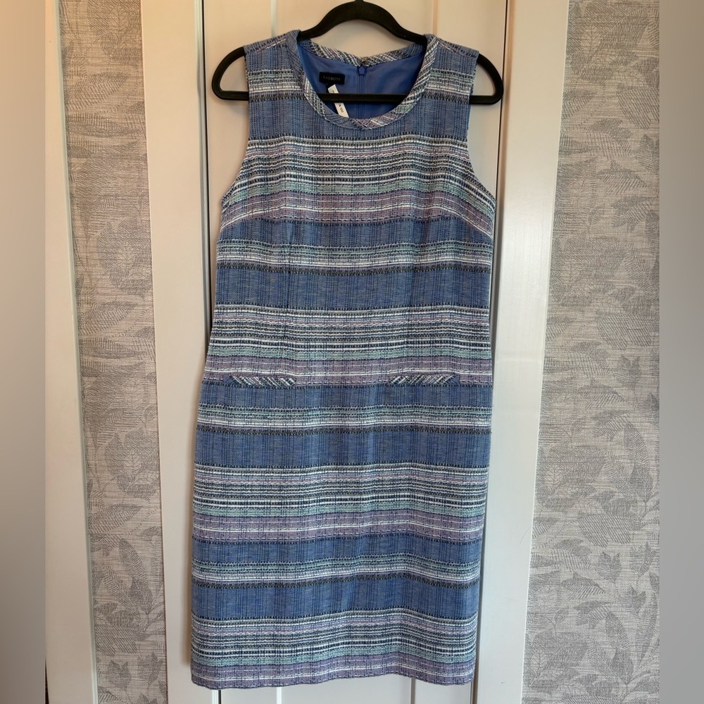 Talbots Blue Pastel Multicolor Polyester Blend Tweed Sheath Dress Size 10 Knee - Picture 2 of 14